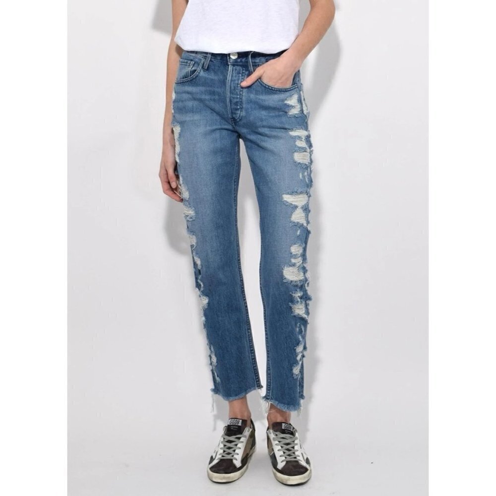 3X1 Higher Ground Distressed Ankle Shredded Boyfriend Jeans Punk Grunge Blue 25‎